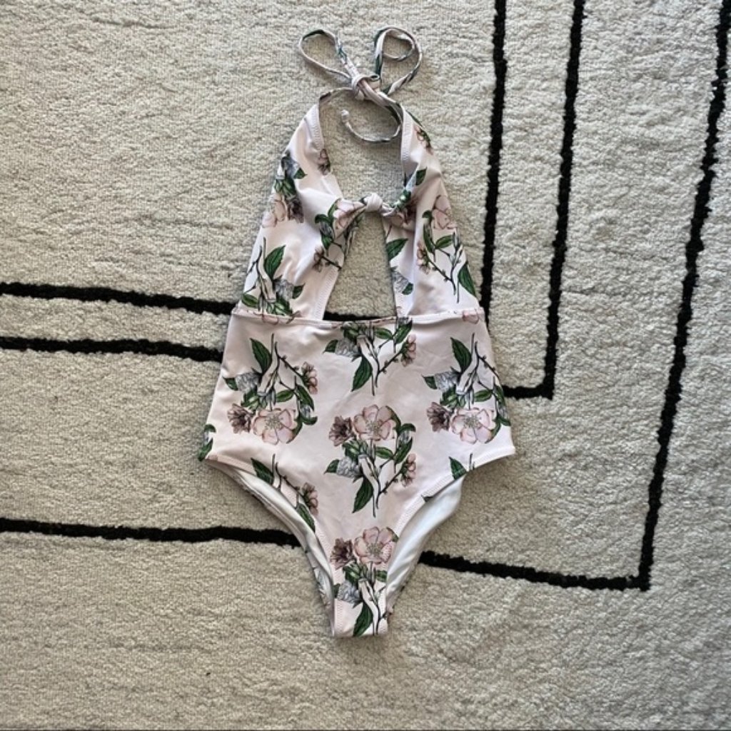 H & M Pink Floral Cutout Halter One Piece Swimsuit